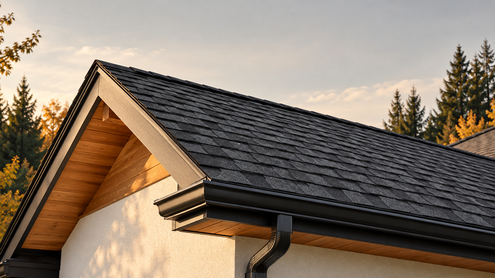 A close view of charcoal roof shingles, a clean eavestrough and cedar soffit in warm autumn light